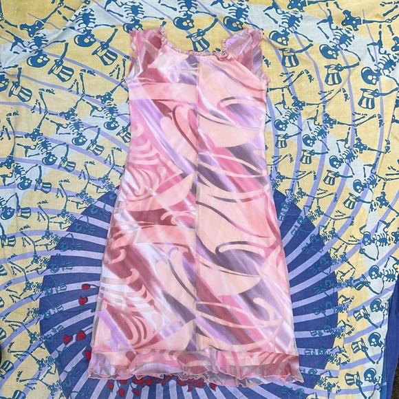 Vintage 90s patterned mesh dress with the lettuce trim and bow, by Taboo - Picture 10 of 10